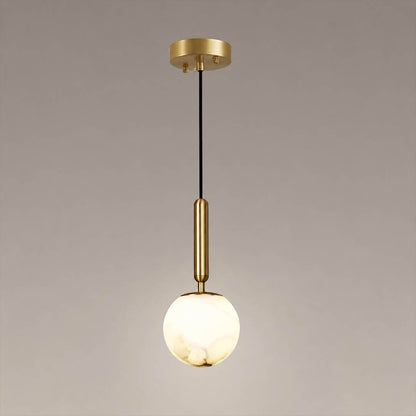 Sfera alabaster globe pendant light small single natural stone sphere brass stem black cord white background front view