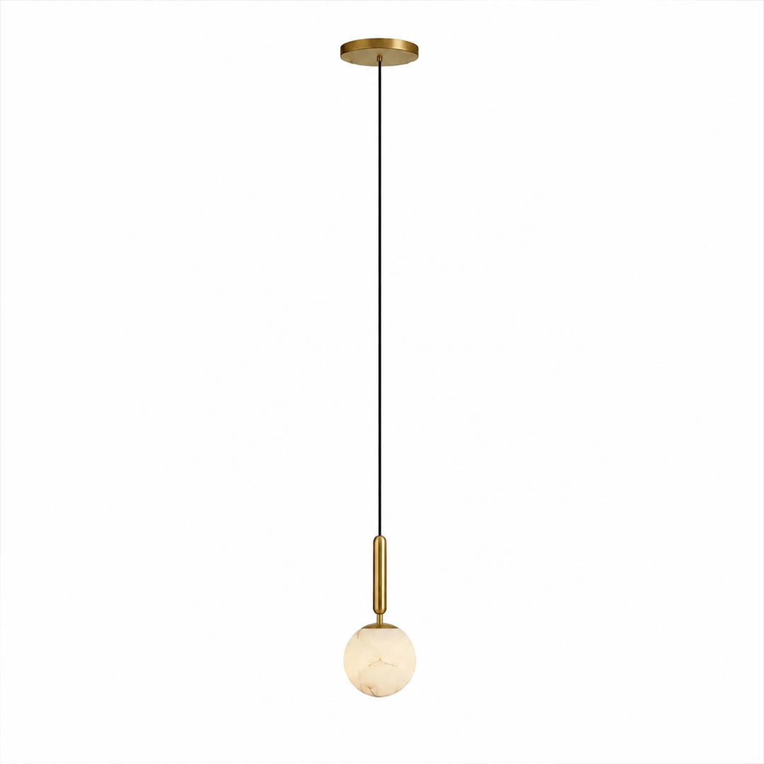 Sfera alabaster globe pendant light large single natural stone sphere brass stem black cord white background front view