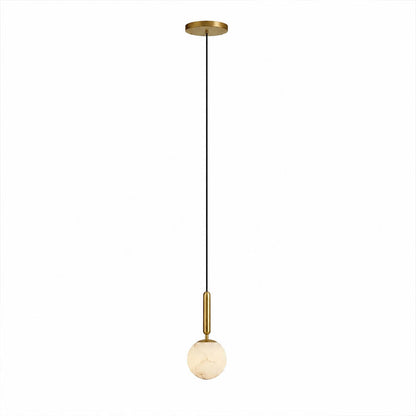 Sfera alabaster globe pendant light large single natural stone sphere brass stem black cord white background front view