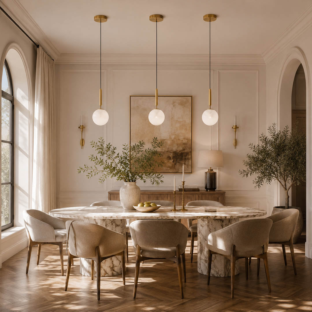 Sfera alabaster globe pendant light dining room above round table natural stone brass warm glow American home lifestyle interior styled