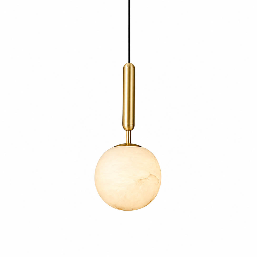 Sfera alabaster globe pendant light small single natural stone sphere brass stem black cord white background front view