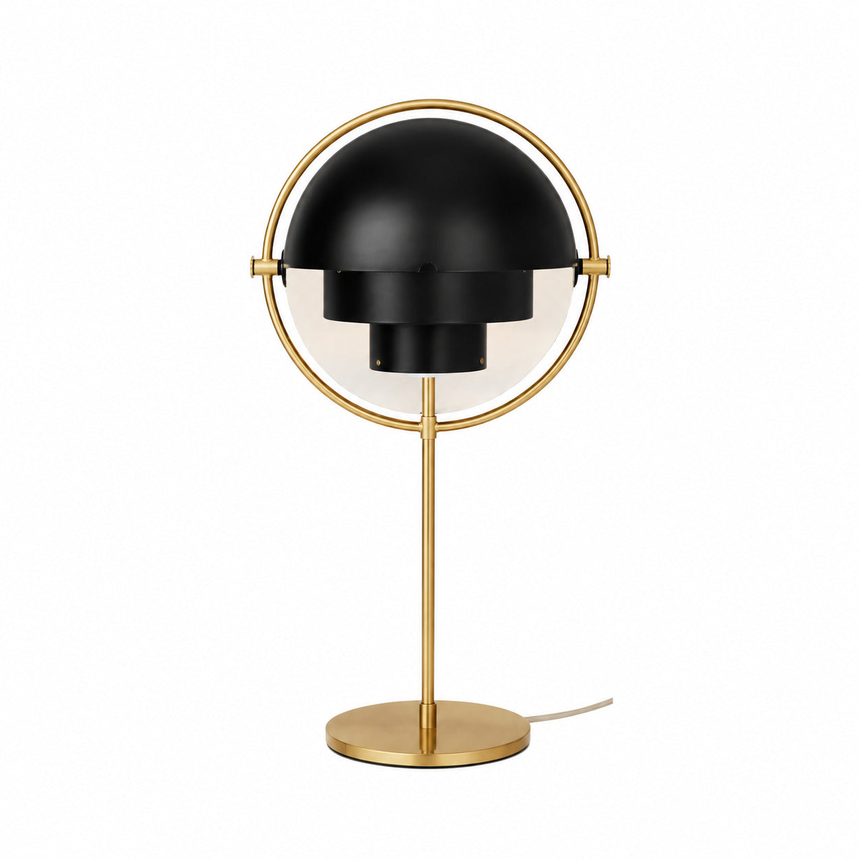 Sfera sculptural table lamp black gold metal ball form adjustable shade modern white background front view
