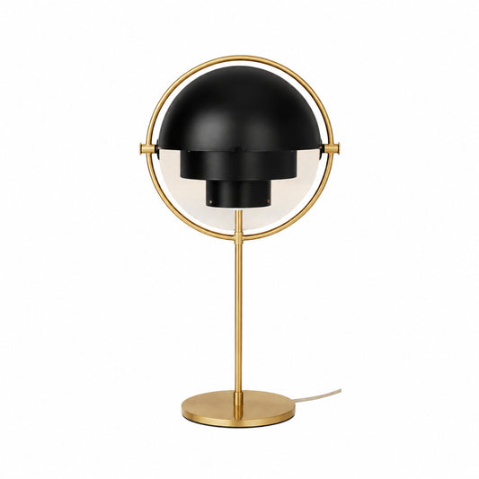 Sfera sculptural table lamp black gold metal ball form adjustable shade modern white background front view