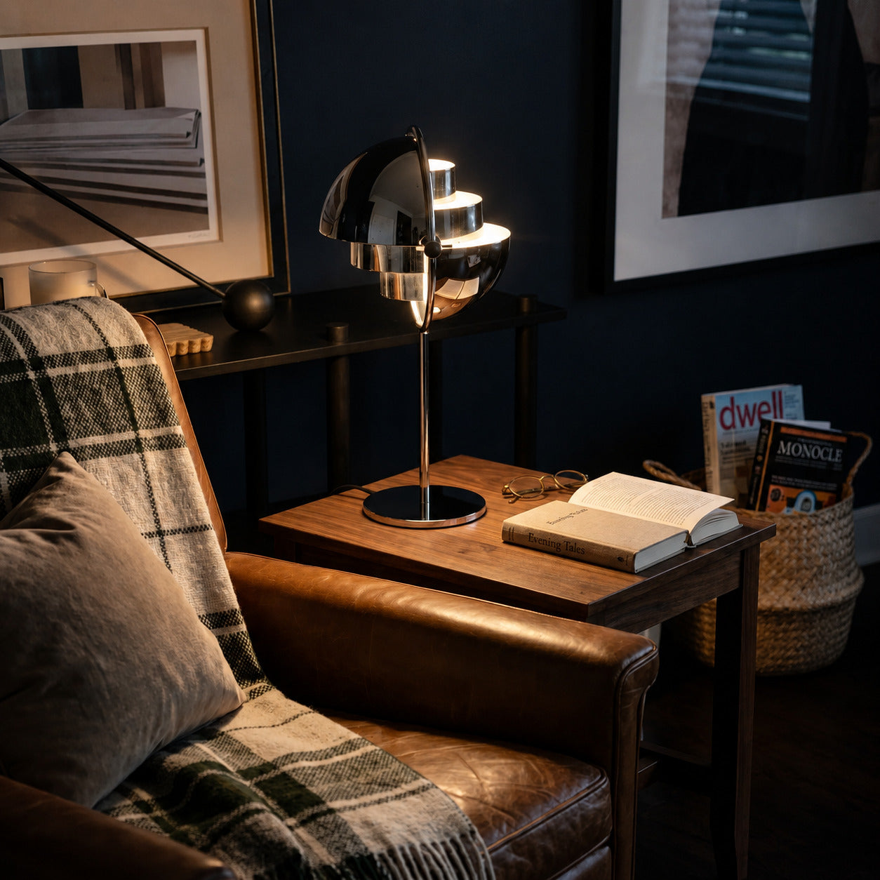 Sfera sculptural table lamp illuminated evening glowing metal ball sculptural artful cozy American home lifestyle interior