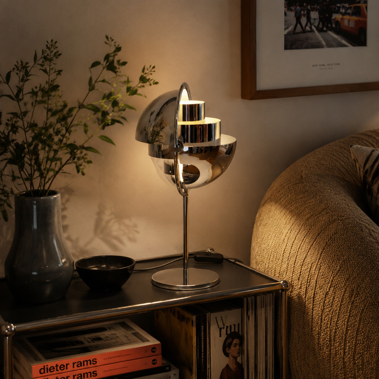 Sfera sculptural table lamp illuminated evening glowing metal ball sculptural artful cozy American home lifestyle interior