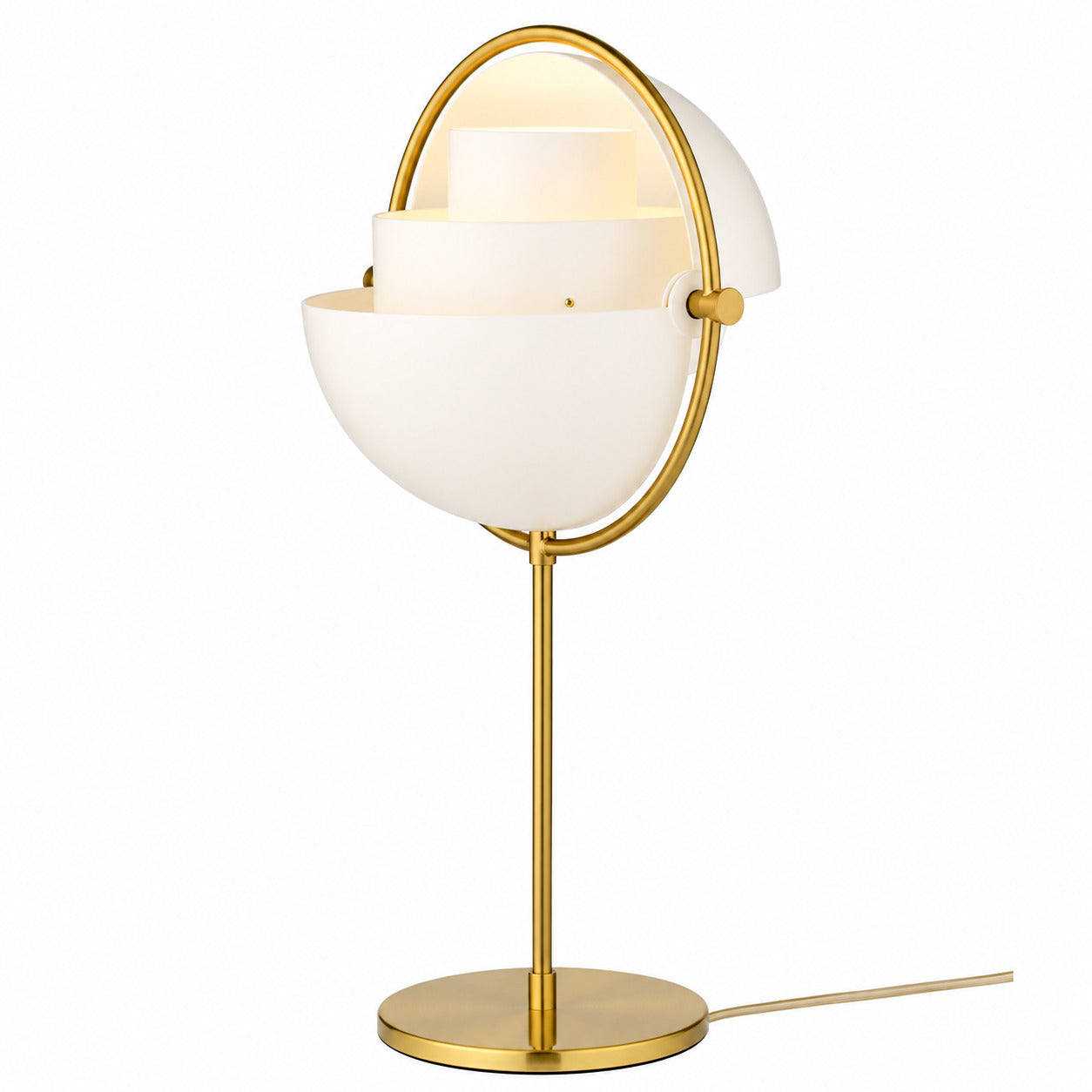 Sfera sculptural table lamp black gold metal ball form adjustable shade modern white background front view