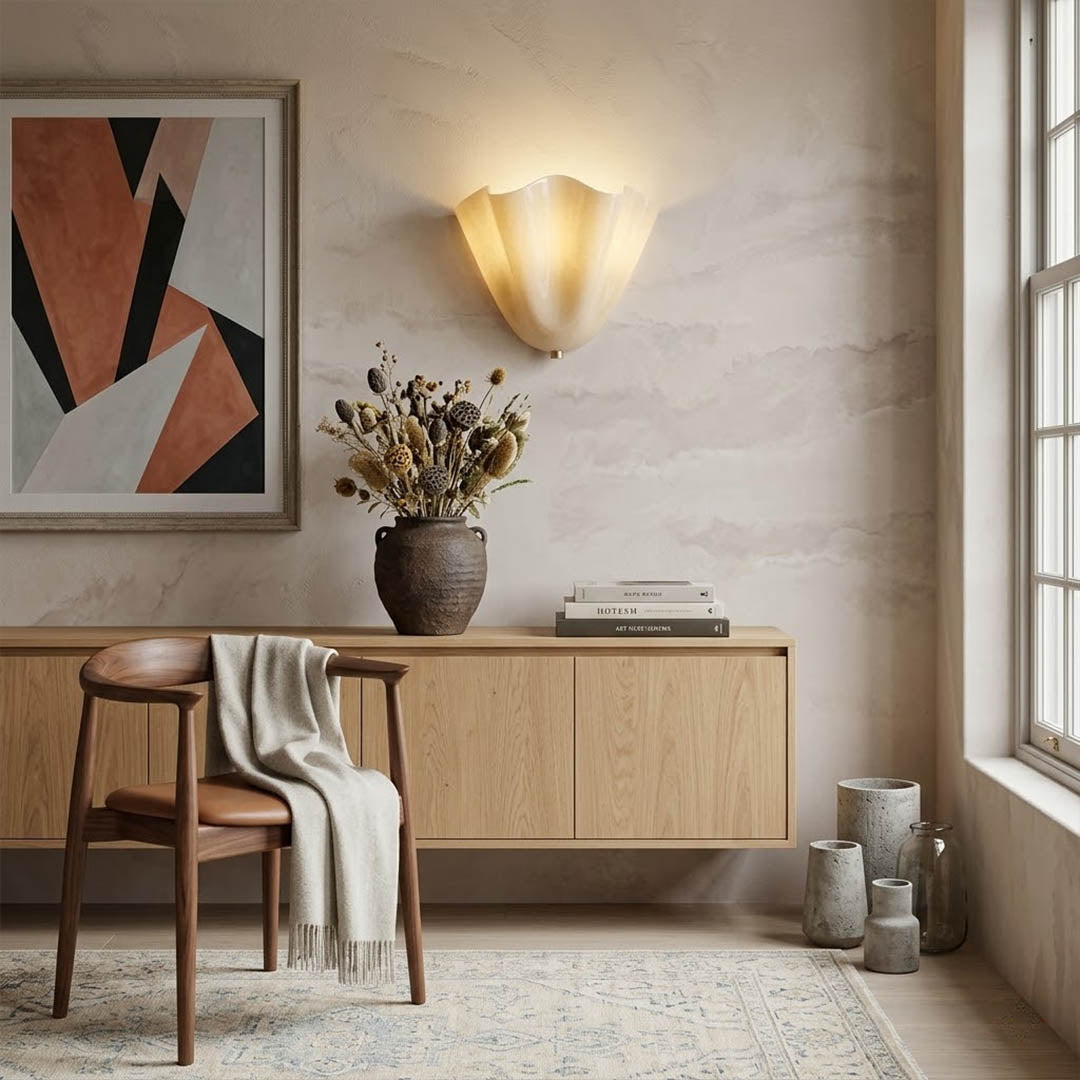 Shellie amber wall sconce bedside bedroom warm coastal glow above headboard mid century interior