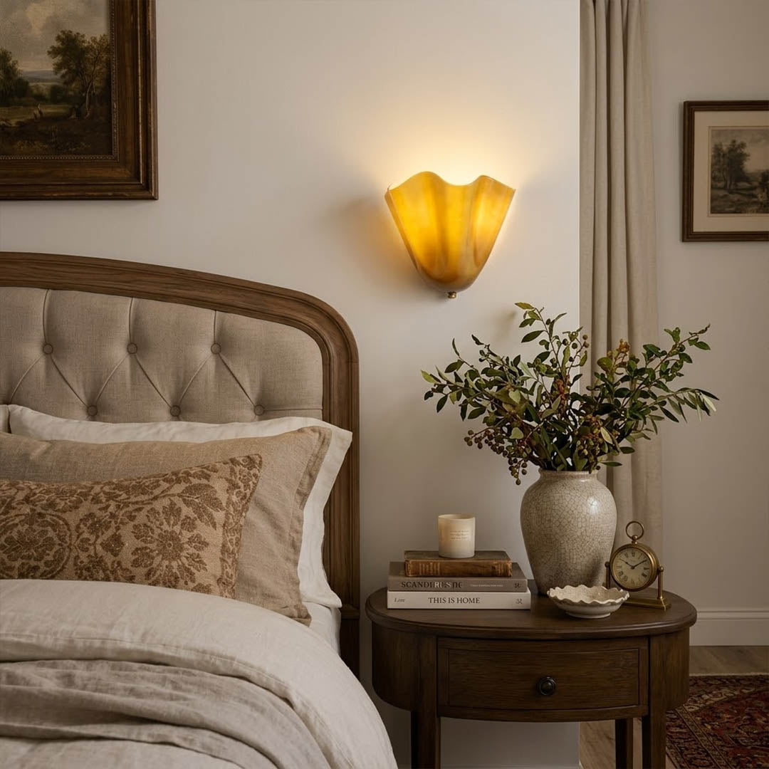 Shellie beige wall sconce powder room bathroom vanity mirror modern coastal interior soft glow