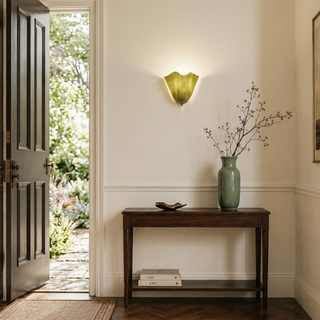 Shellie amber wall sconce mid century modern bedroom bedside walnut headboard warm honey glow Stuberlighting coastal