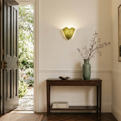 Shellie amber wall sconce mid century modern bedroom bedside walnut headboard warm honey glow Stuberlighting coastal