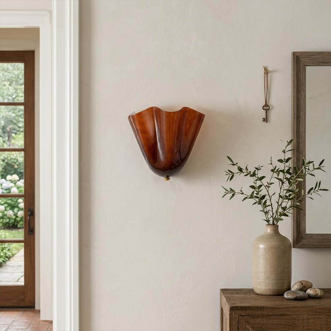 Shellie brown wall sconces pair flanking dining room sideboard walnut interior warm traditional symmetric