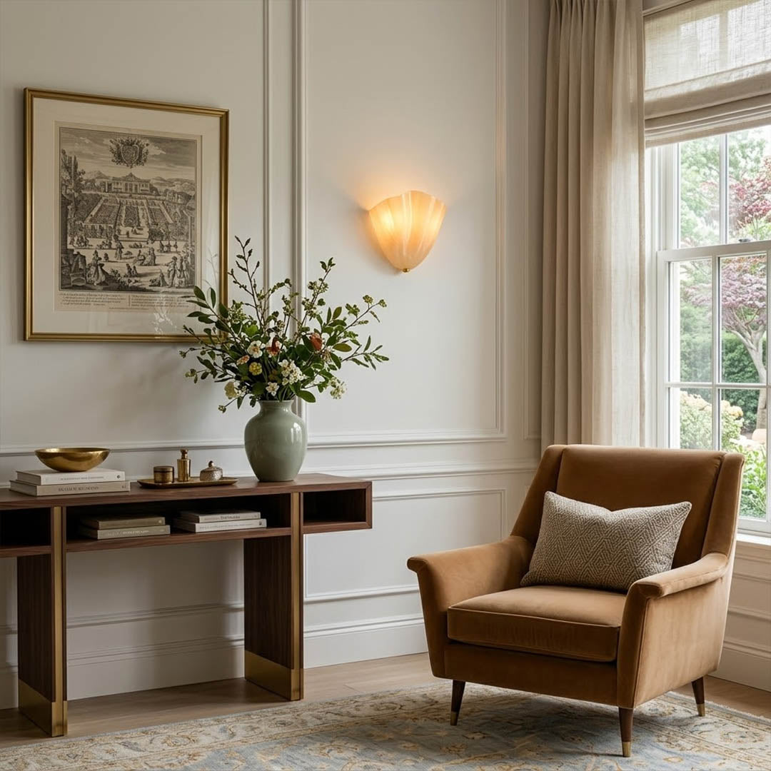 Shellie brown wall sconces pair flanking dining room sideboard walnut interior warm traditional symmetric