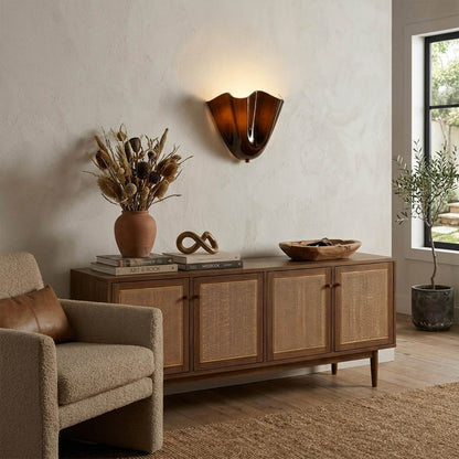 Shellie brown wall sconces pair flanking dining room sideboard walnut interior warm traditional symmetric