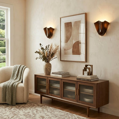 Shellie amber wall sconce mid century modern bedroom bedside walnut headboard warm honey glow Stuberlighting coastal