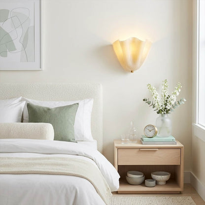 Shellie beige wall sconce powder room bathroom vanity mirror modern coastal interior soft glow