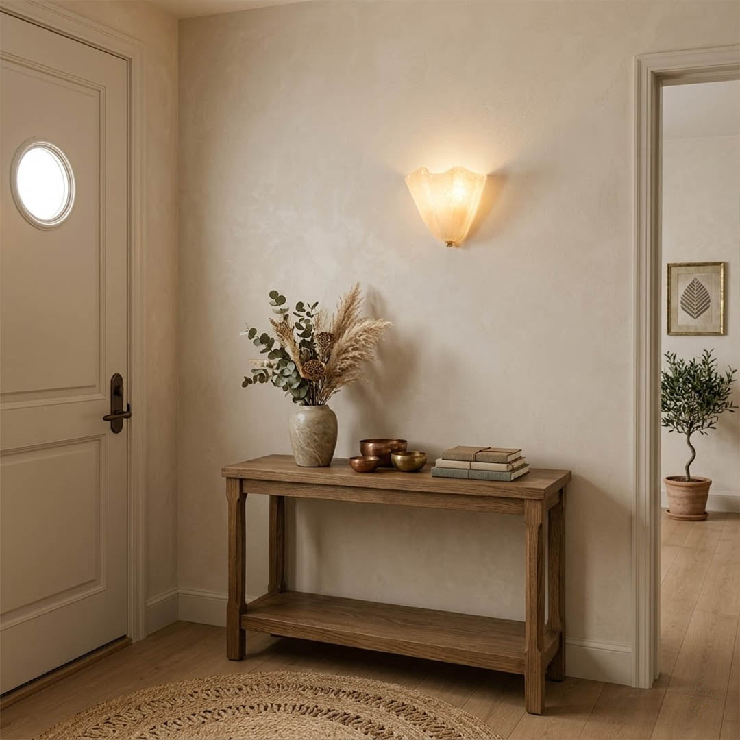 Shellie beige wall sconce powder room bathroom vanity mirror modern coastal interior soft glow