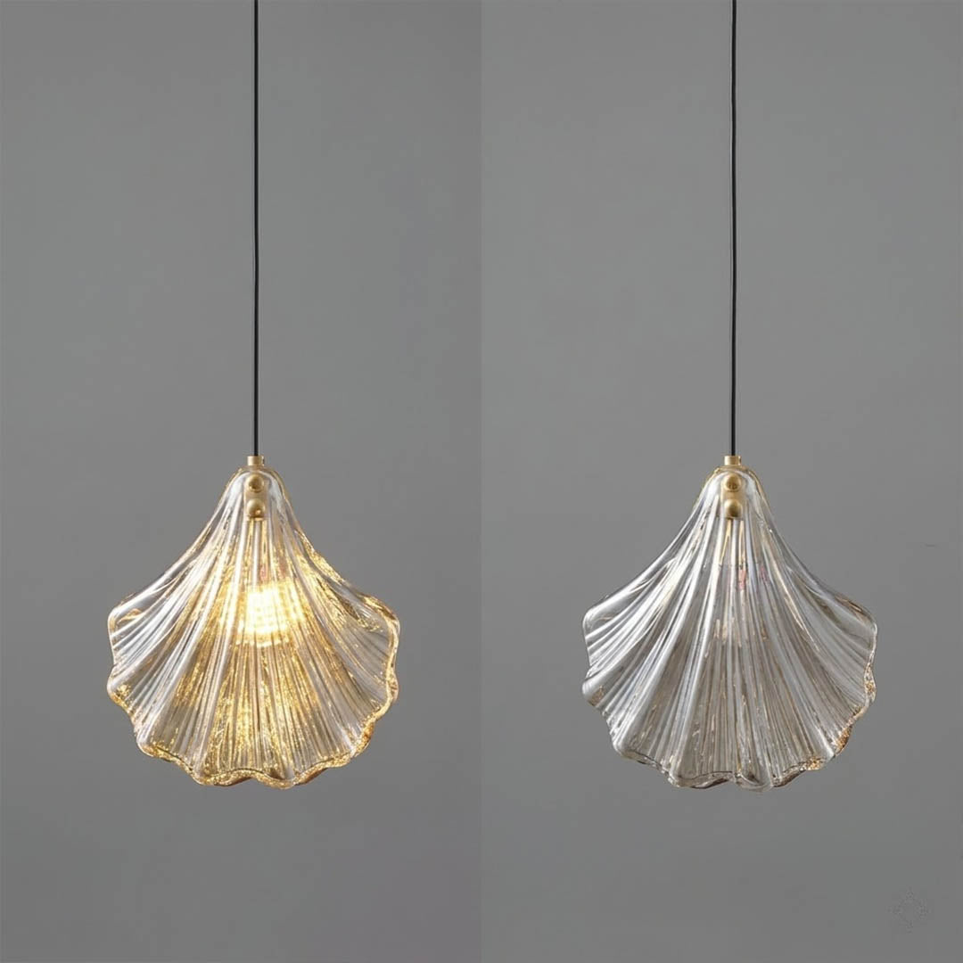Shellie coastal pendant two finishes amber and clear side by side comparison brass canopy hand blown glass color guide