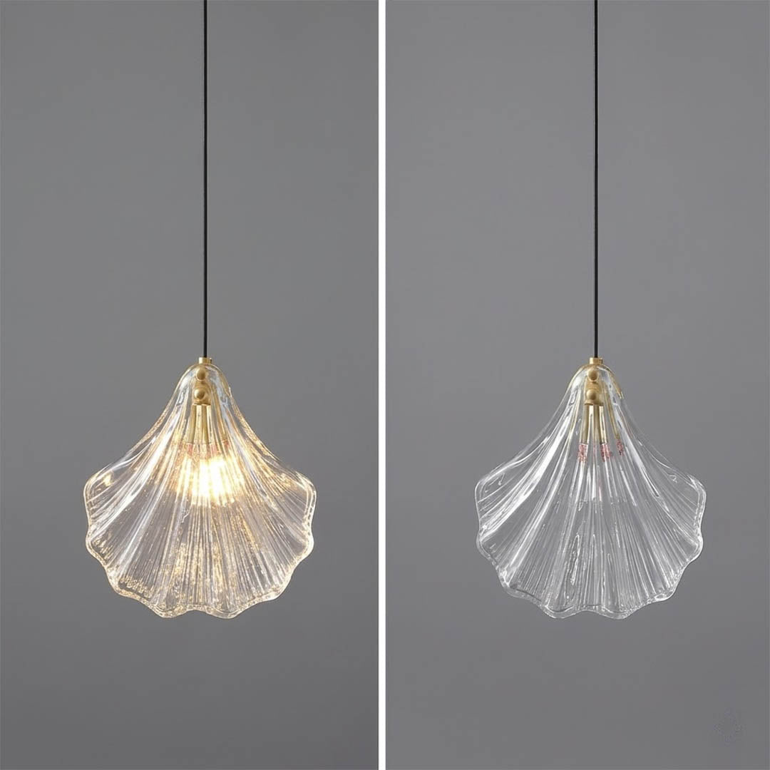 Shellie coastal pendant two finishes amber and clear side by side comparison brass canopy hand blown glass color guide