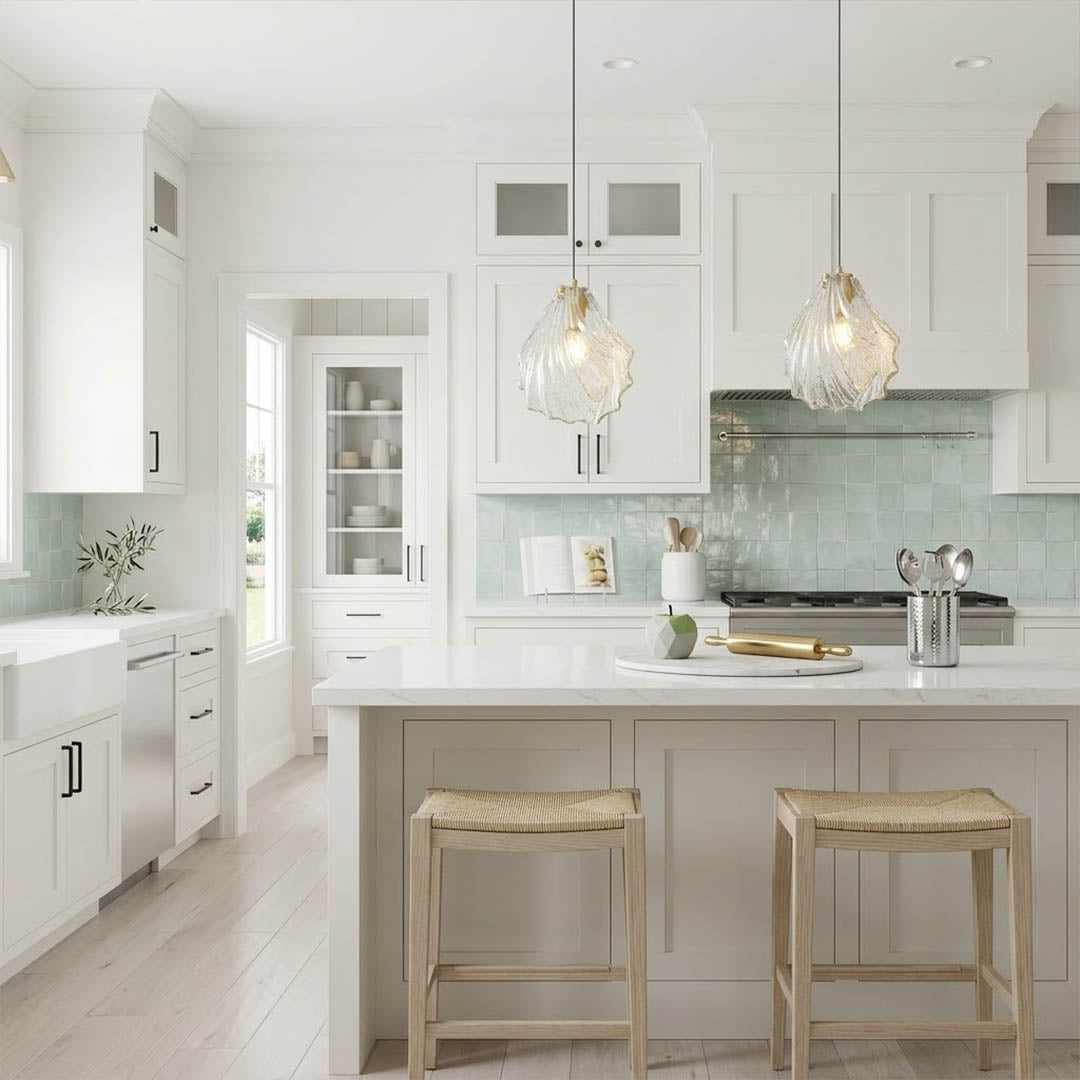 Shellie clear coastal pendant pair above kitchen island breakfast bar crystalline glass brass coastal modern interior