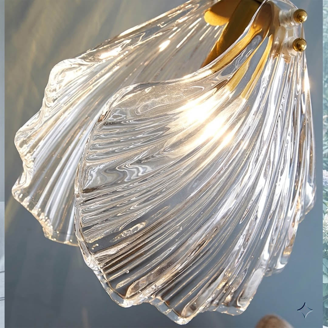 Shellie pendant hand blown nested glass spheres close up Edison filament bulb inner outer sphere refraction detail