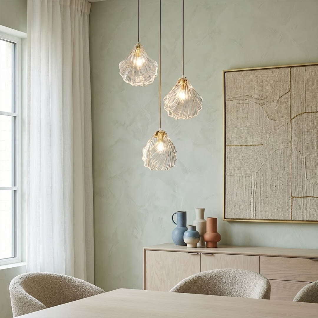 Shellie Coastal Collection complete installation pendant light and wall sconce together in beach house unified architectural lighting