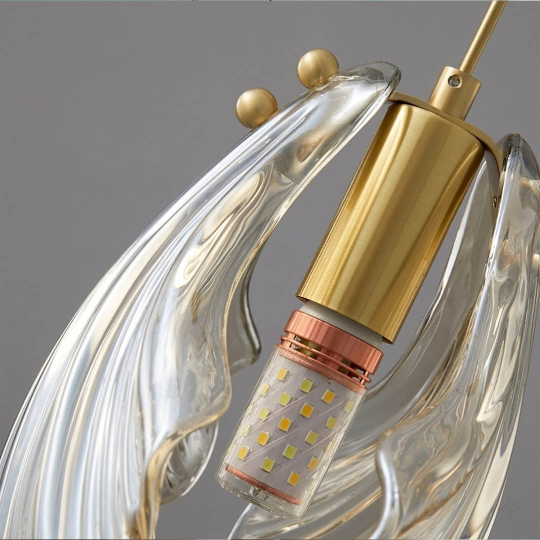 Shellie pendant hand blown nested glass spheres close up Edison filament bulb inner outer sphere refraction detail