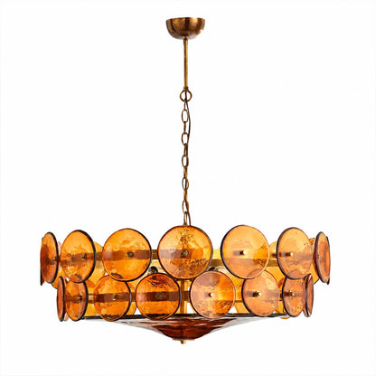 Sienna Murano style vintage glass cluster chandelier Orange Y2K revival 32 inch Mid Century Italian bronze frame white background