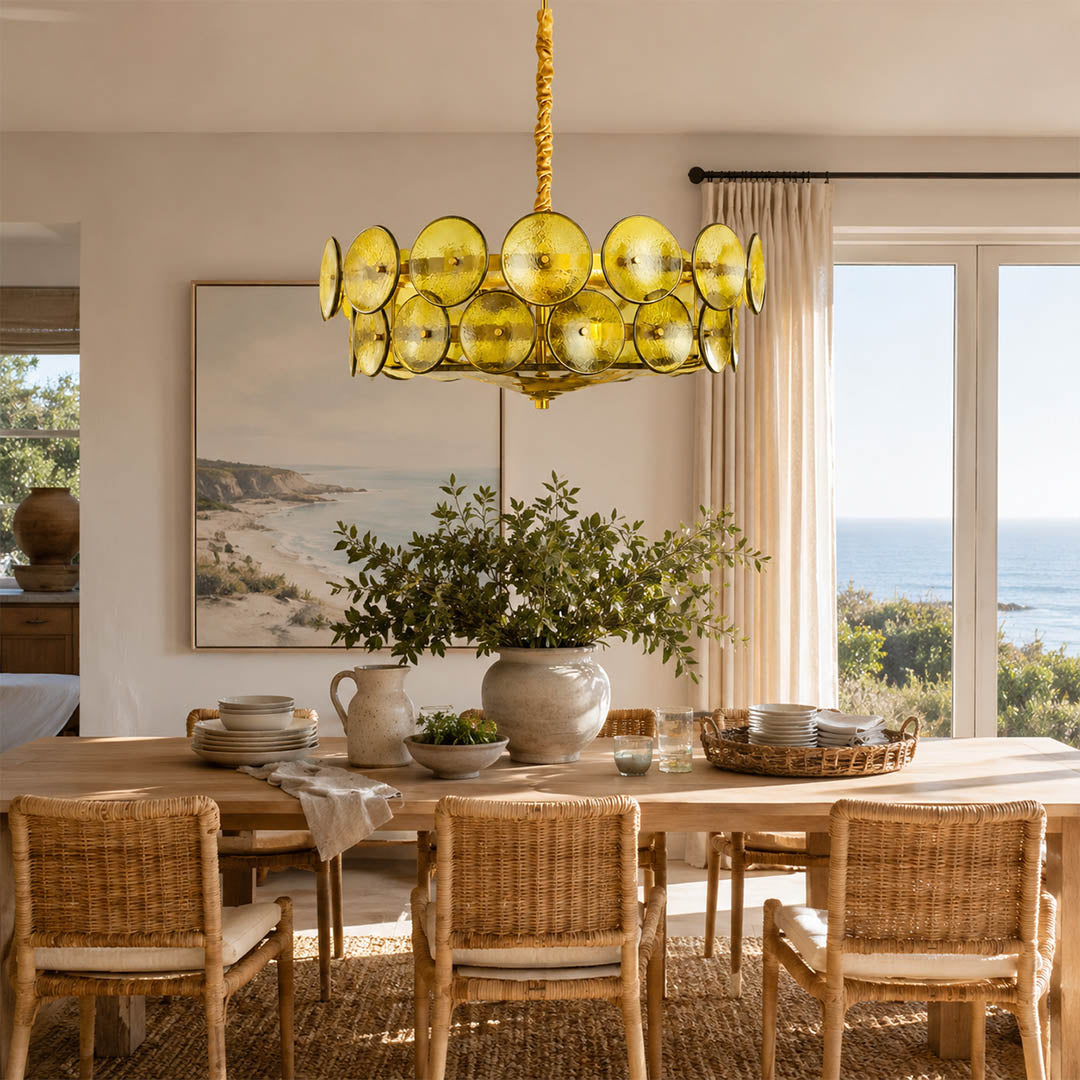 Sienna Orange Murano style vintage cluster chandelier dining room Y2K revival Mid Century Italian Maximalist warm amber glow interior lifestyle