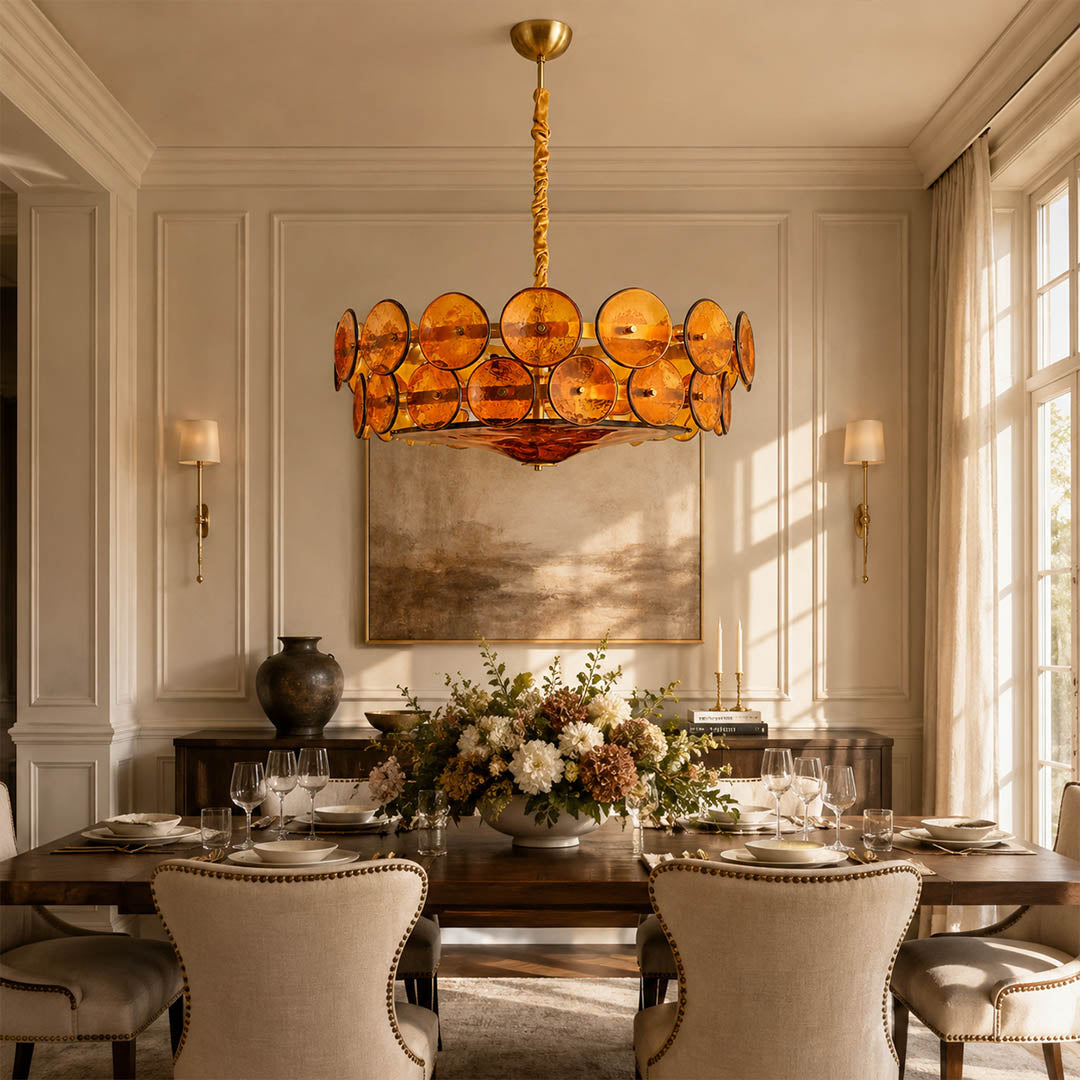 Sienna Sage Green Murano vintage cluster chandelier dining room Cottagecore botanical Mid Century white cabinetry interior lifestyle