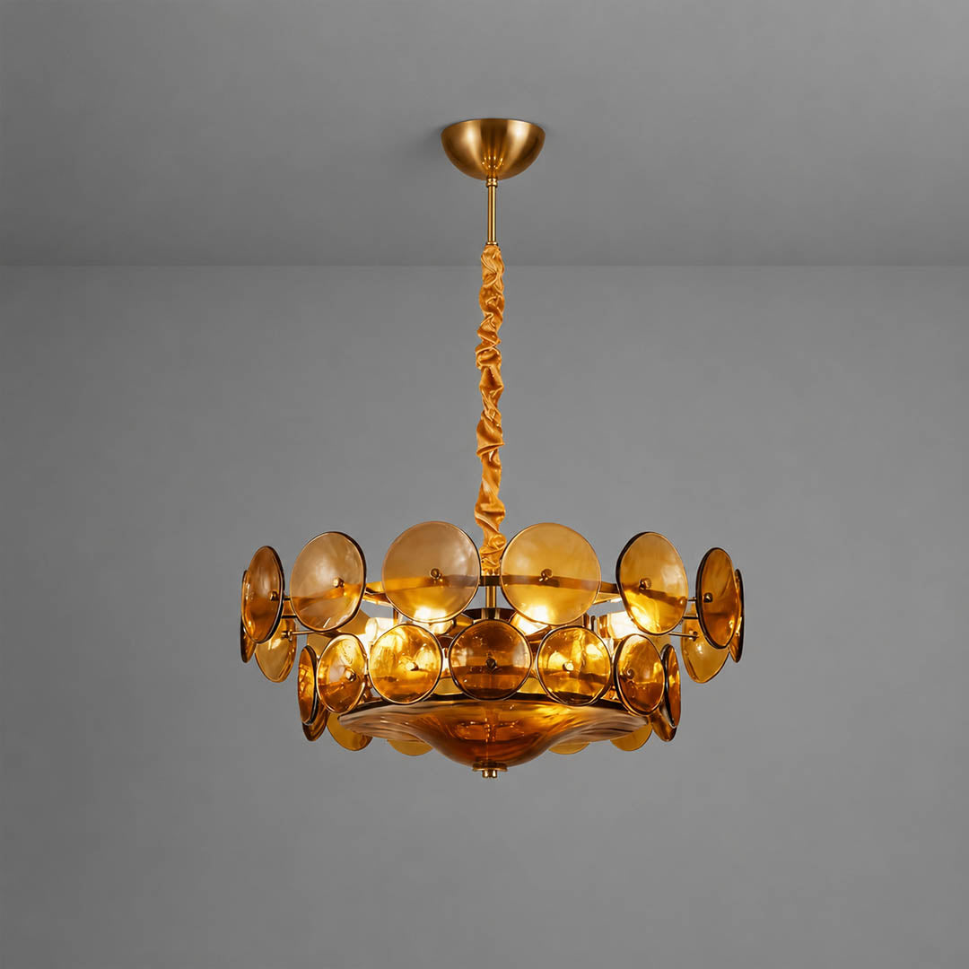 Sienna Murano style vintage glass cluster chandelier Orange Y2K revival 32 inch Mid Century Italian bronze frame white background