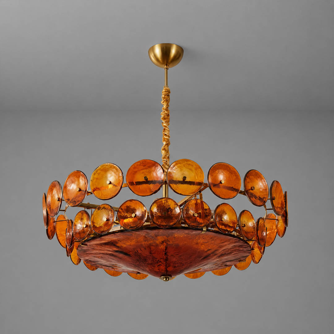 Sienna Murano style vintage glass cluster chandelier Orange Y2K revival Mid Century Italian bronze frame white background