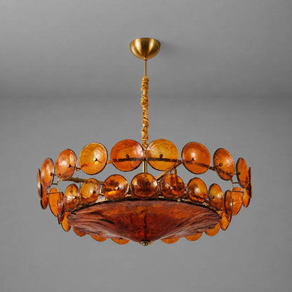 Sienna Murano style vintage glass cluster chandelier Orange Y2K revival Mid Century Italian bronze frame white background