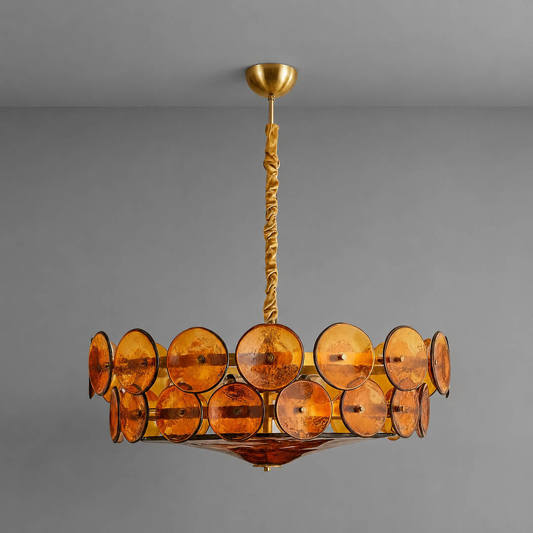 Sienna Murano style vintage glass cluster chandelier Orange Y2K revival Mid Century Italian bronze frame white background