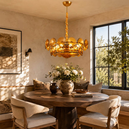 Sienna Sage Green Murano vintage cluster chandelier dining room Cottagecore botanical Mid Century white cabinetry interior lifestyle