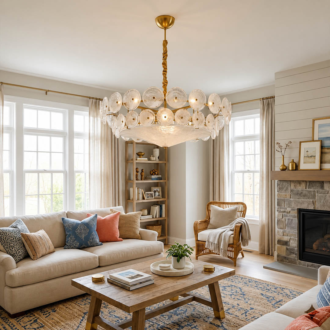 Sienna White Murano style vintage cluster chandelier living room transitional elegant Mid Century Italian designer warm glow lifestyle interior