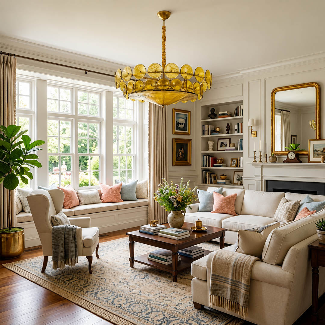 Sienna White Murano style vintage cluster chandelier living room transitional elegant Mid Century Italian designer warm glow lifestyle interior