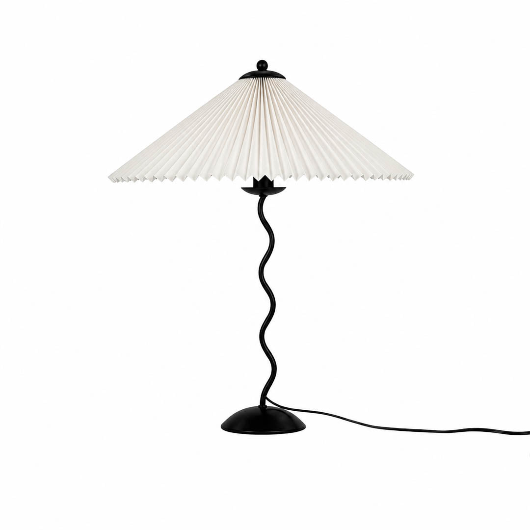 Sinuo table lamp modern sculptural squiggle wavy black metal base white fabric drum shade 17 inch wide 23.6 inch tall E14 postmodern Memphis inspired minimalist statement bedside white background