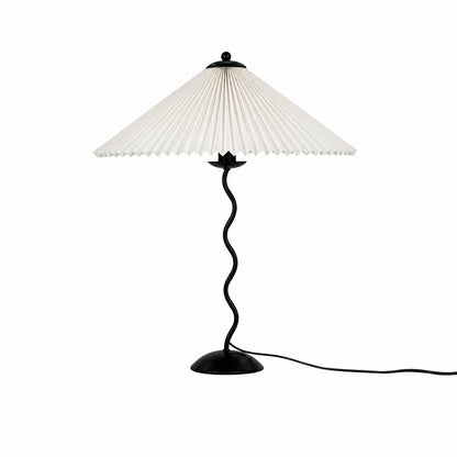 Sinuo table lamp modern sculptural squiggle wavy black metal base white fabric drum shade 17 inch wide 23.6 inch tall E14 postmodern Memphis inspired minimalist statement bedside white background