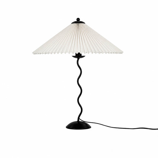 Sinuo table lamp modern sculptural squiggle wavy black metal base white fabric drum shade 17 inch wide 23.6 inch tall E14 postmodern Memphis inspired minimalist statement bedside white background