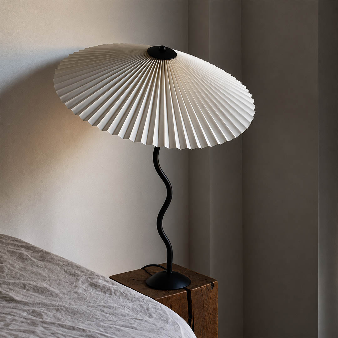 Sinuo table lamp black white modern home office desk workspace sculptural squiggle wavy metal fabric drum shade postmodern Memphis inspired minimalist warm ambient functional lifestyle interior