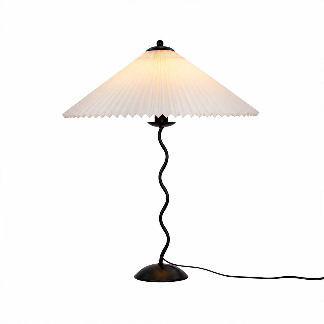 Sinuo table lamp modern sculptural squiggle wavy black metal base white fabric drum shade 17 inch wide 23.6 inch tall E14 postmodern Memphis inspired minimalist statement bedside white background