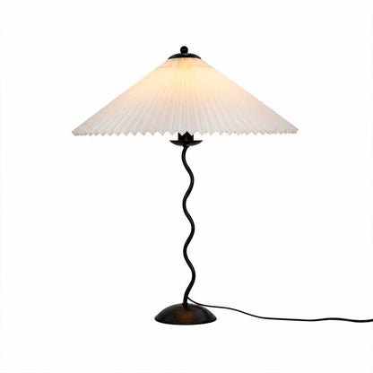 Sinuo table lamp modern sculptural squiggle wavy black metal base white fabric drum shade 17 inch wide 23.6 inch tall E14 postmodern Memphis inspired minimalist statement bedside white background