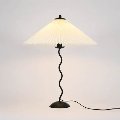 Sinuo table lamp modern sculptural squiggle wavy black metal base beige fabric drum shade 17 inch wide 23.6 inch tall E14 postmodern Memphis inspired statement bedside white background
