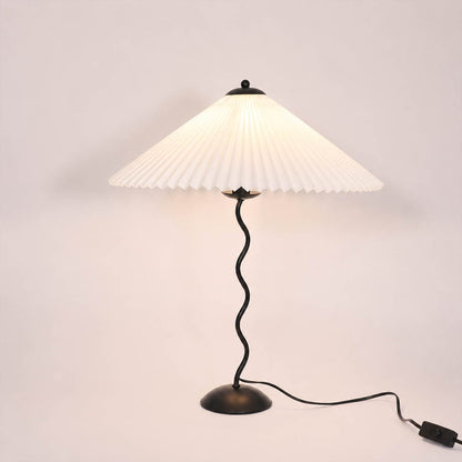 Sinuo table lamp modern sculptural squiggle wavy black metal base white fabric drum shade 17 inch wide 23.6 inch tall E14 postmodern Memphis inspired minimalist statement bedside white background