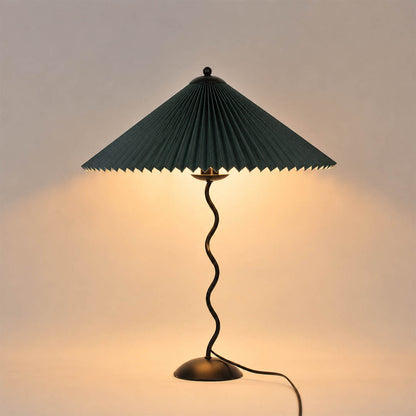 Sinuo table lamp modern sculptural squiggle wavy black metal base dark green forest fabric drum shade 17 inch wide 23.6 inch tall E14 postmodern Memphis inspired bold saturated statement bedside white background