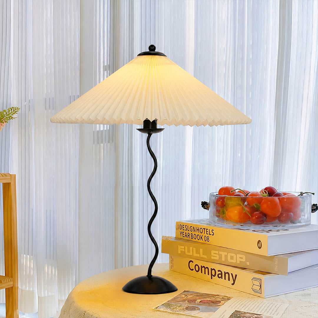 Sinuo table lamp black dark green forest modern study library desk sculptural squiggle wavy metal fabric drum shade postmodern Memphis inspired bold saturated statement warm ambient moody lifestyle interior