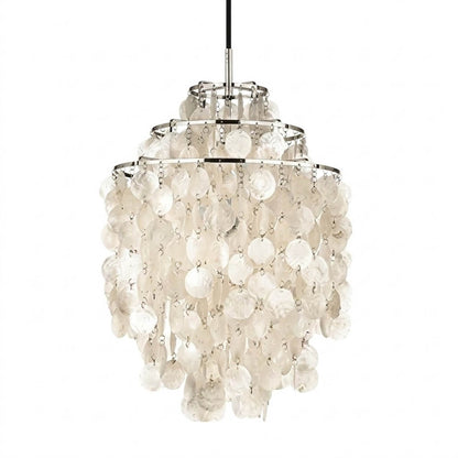 Sirena FUN style shell disc pendant light Chrome polished silver 18 inch Mid Century designer tribute Verner Panton Capiz shells white background