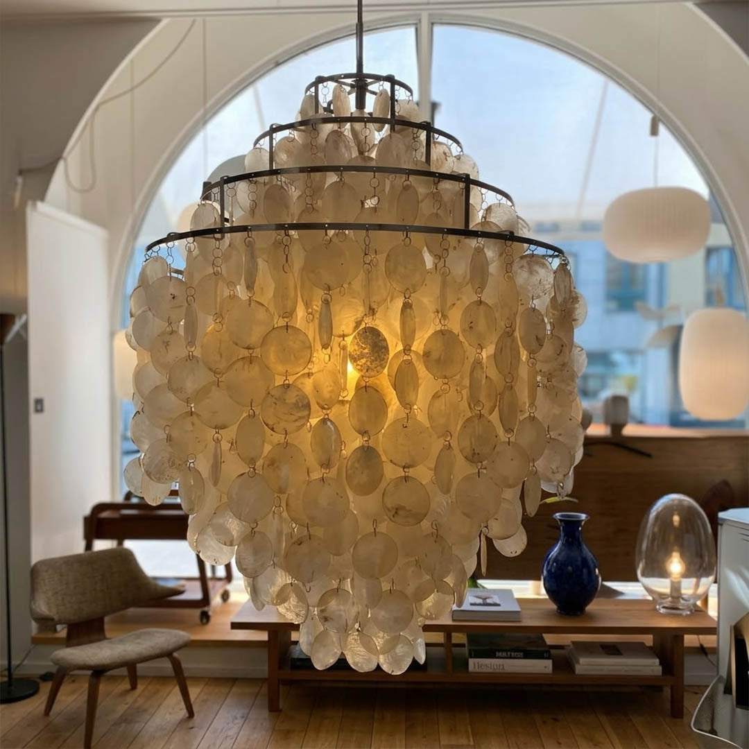Sirena Chrome FUN style shell disc pendant modern Mid Century living room minimalist designer accent warm glow lifestyle interior