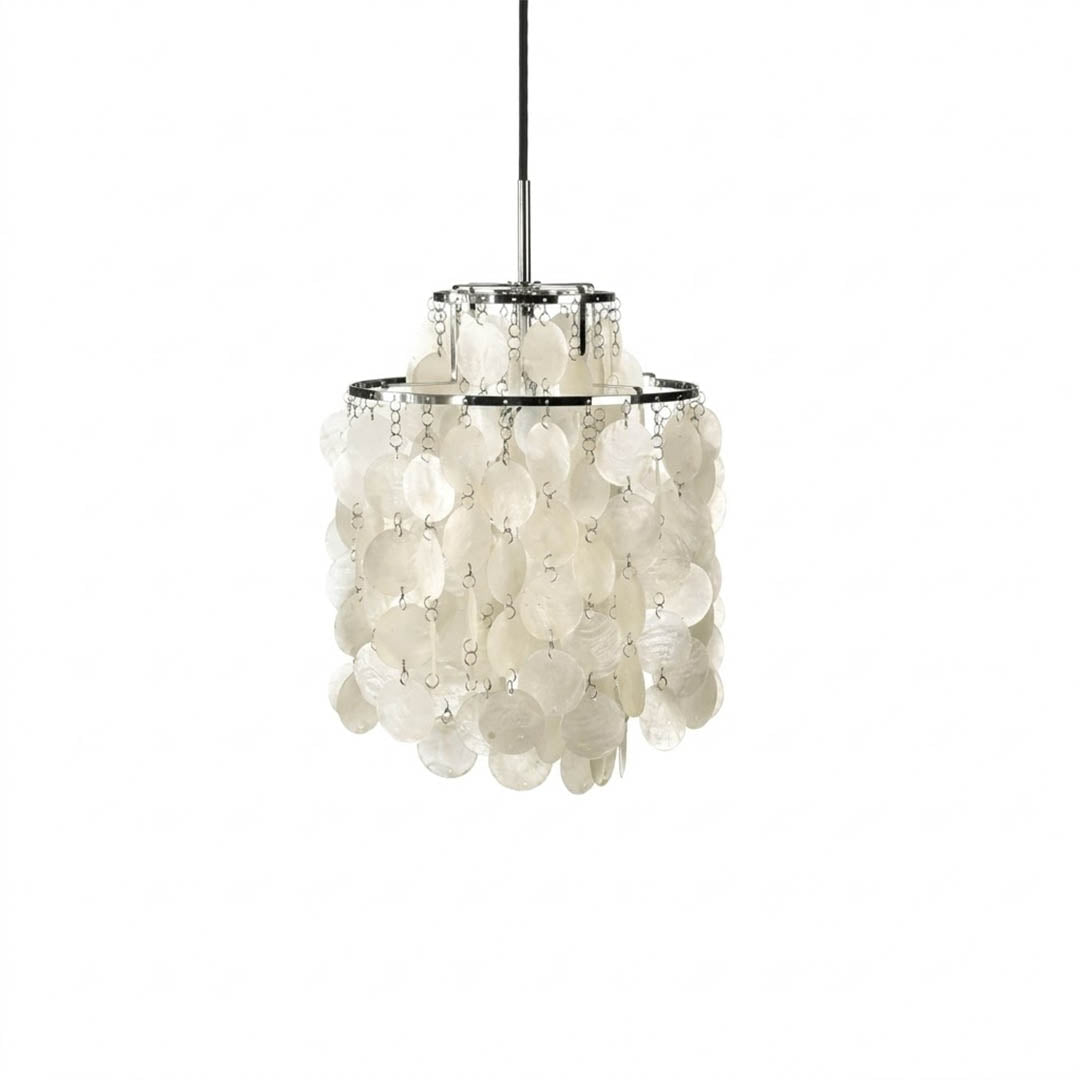 Sirena FUN style shell disc pendant Chrome 11 inch small accent Mid Century designer Capiz shells white background