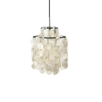 Sirena FUN style shell disc pendant Chrome 11 inch small accent Mid Century designer Capiz shells white background